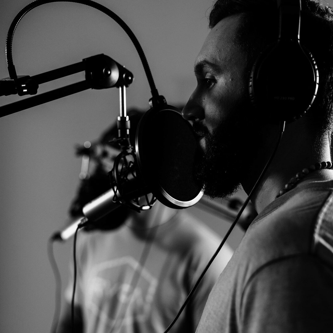 Professional podcast recording setup with condenser microphone